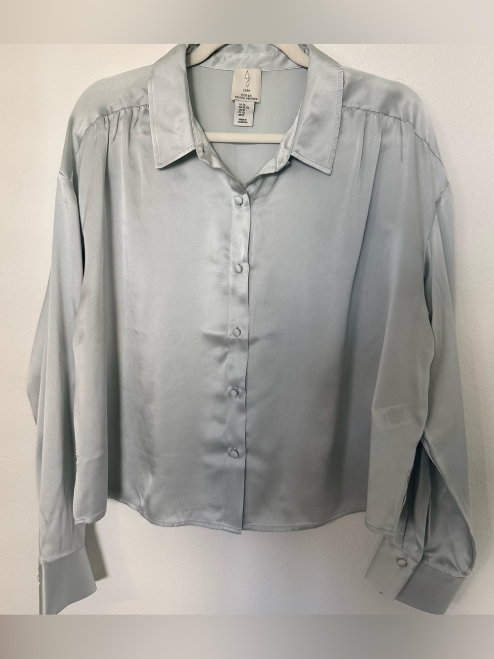 Joie 100% Silk Blouse XL Light Blue Satin Finish Button Front Shirt